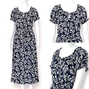 Joie De Vivre Midi Dress Floral Short Sleeve Crew Elastic Neckline with Tie